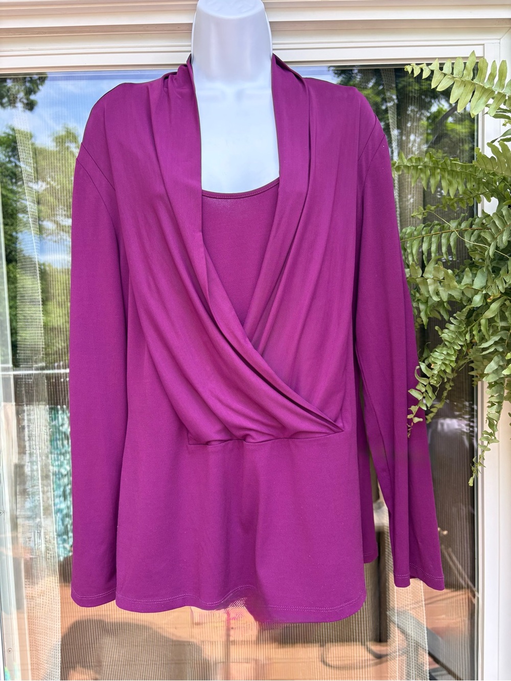 eci Women’s Two Layer Look Draped V-Neck Top in Magenta size XL